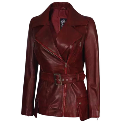 Women Maroon Four Pocket Belted Leather Jacket