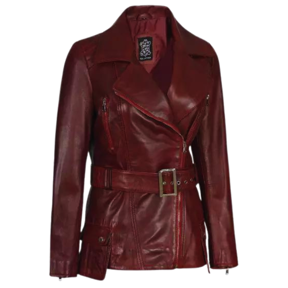 Women Maroon Four Pocket Belted Leather Jacket