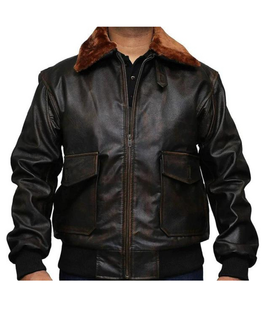 Men Brown Aviator Fur Collar Distressed Leather Jacket