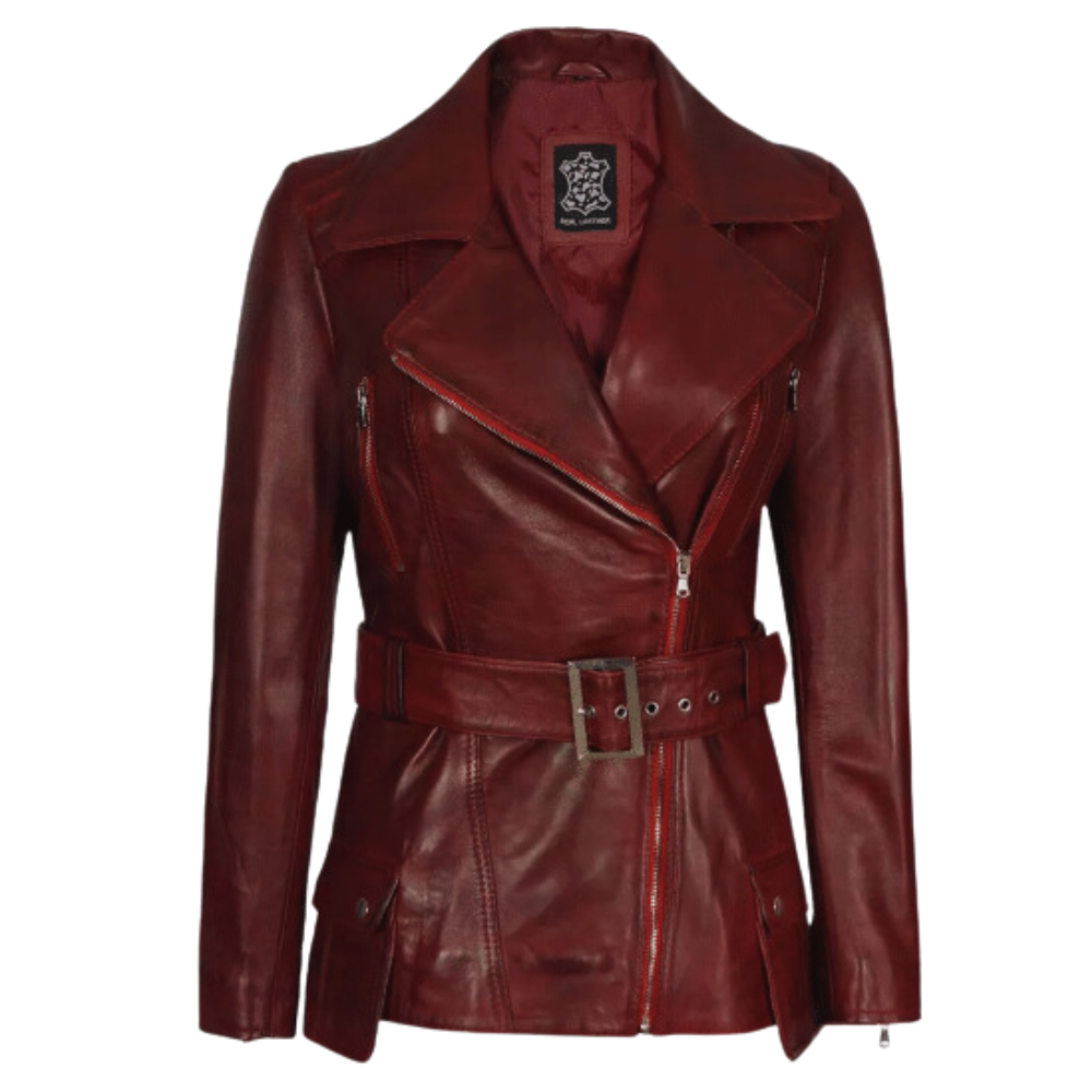 Women Maroon Four Pocket Belted Leather Jacket