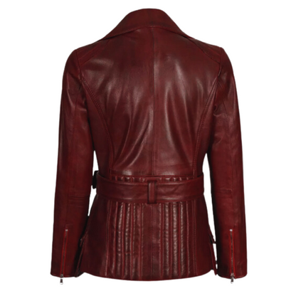 Women Maroon Four Pocket Belted Leather Jacket