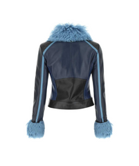 Women Black & Blue Fur Collar Stylish Leather Jacket