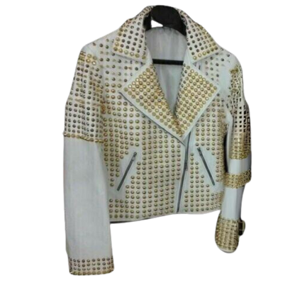 Women White Stylish Golden Studded Leather Jacket