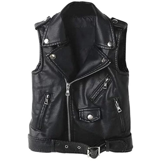 Women Black Leather Vest Four Pocket