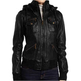 Women Black Bomber Detachable Hood Leather Jacket