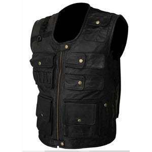 Men Black Leather Vest Seven Pocket