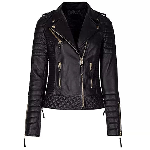 Women Black Biker Diamond Quilted Leather Jacket