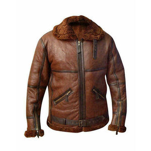 Men Brown Aviator Bomber Fur Collar Leather Jacket