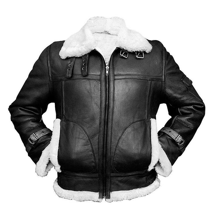 Men Black Shearling Aviator Fur Collar Leather Jacket
