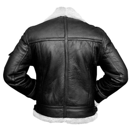 Men Black Shearling Aviator Fur Collar Leather Jacket