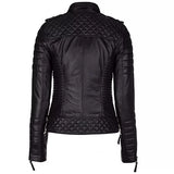 Women Black Biker Diamond Quilted Leather Jacket
