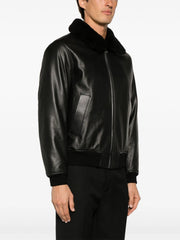 Men Black fur collar Leather Jacket