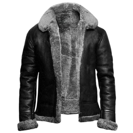 Men Black Aviator Zippered Fur Collar Leather Jacket