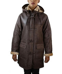 Women Brown Coat Duffle Hooded Leather Long
