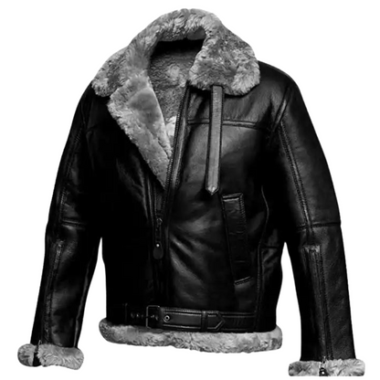 Men Black Aviator Zippered Fur Collar Leather Jacket