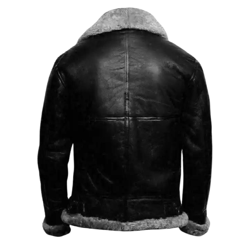 Men Black Aviator Zippered Fur Collar Leather Jacket