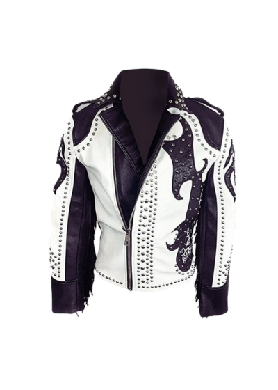 Unisex Black & White Fringe Stylish Leather Jacket