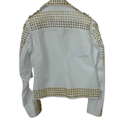 Women White Stylish Golden Studded Leather Jacket