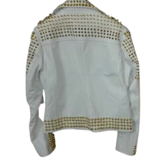 Women White Stylish Golden Studded Leather Jacket