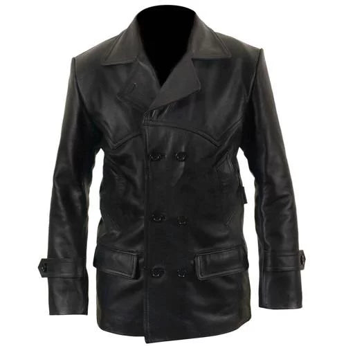 Men Black Long Distressed Leather Coat