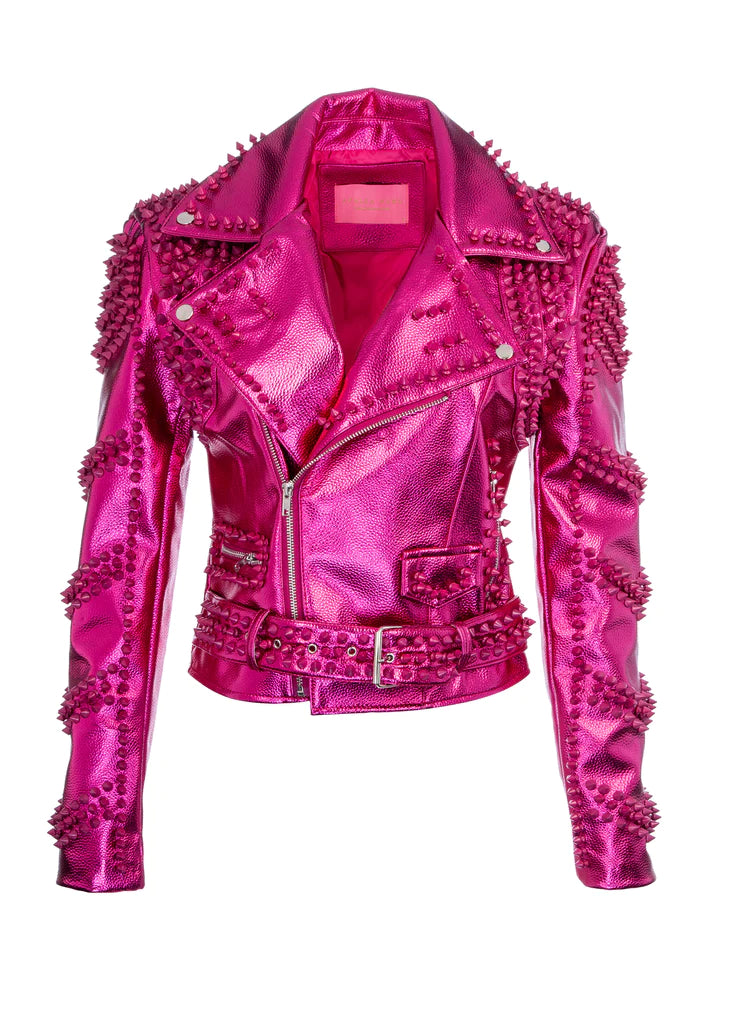 Women Pink Halloween Pink Pointed Leather Jacket