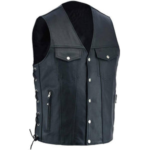 Men Black Leather Vest Side Zipper Pockets