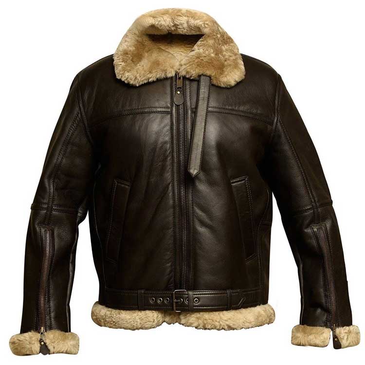 Men Dark Brown Shearling Fur Collar Leather Jacket