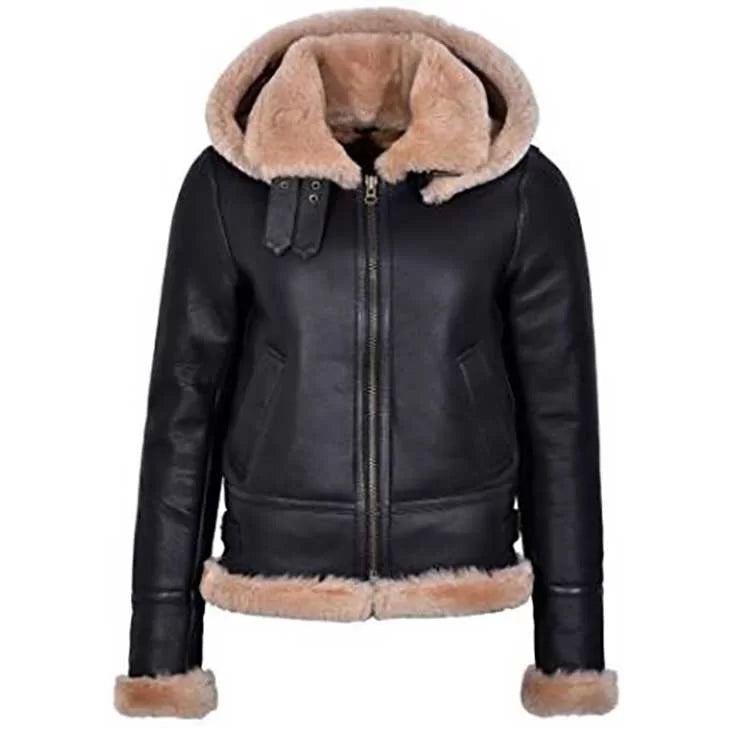 Women Black Aviator Hooded Leather Jacket