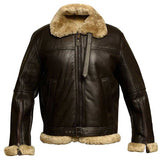 Men Dark Brown Shearling Fur Collar Leather Jacket