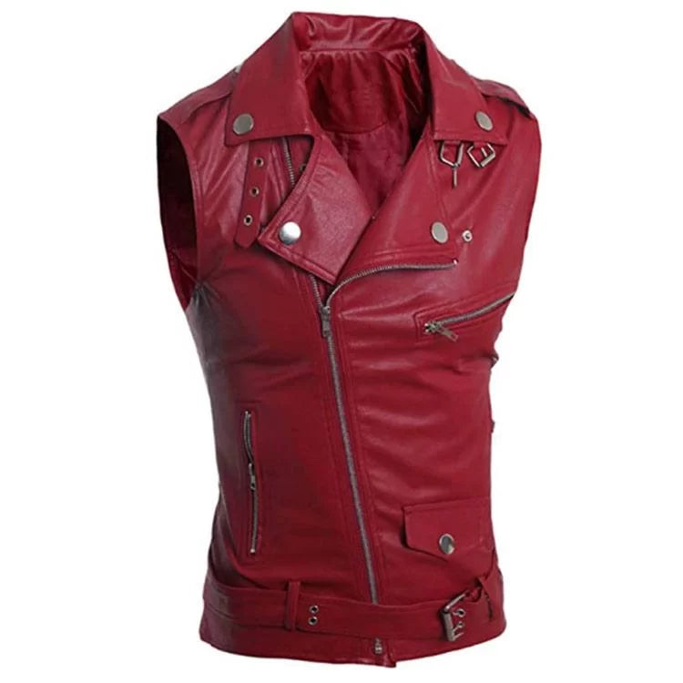 Women Red Leather Vest Three Pocket