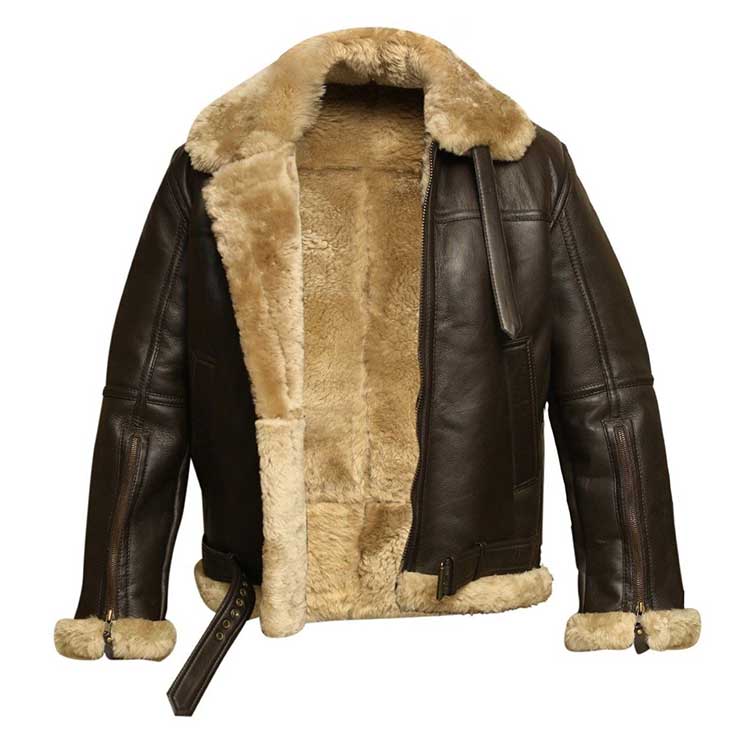 Men Dark Brown Shearling Fur Collar Leather Jacket