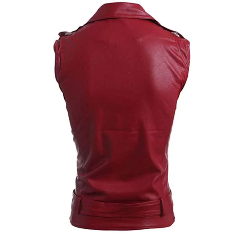 Women Red Leather Vest Three Pocket