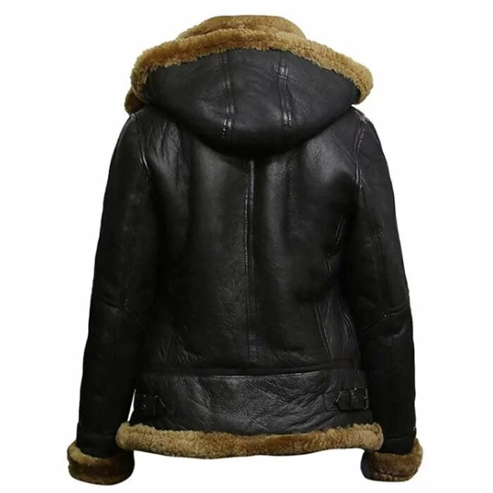 Women Black Shearling Hooded Synthetic Leather Jacket