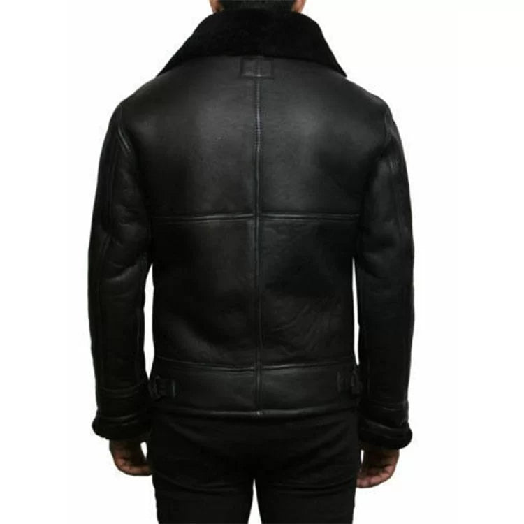 Men Black Aviator Fur Collar Leather Jacket