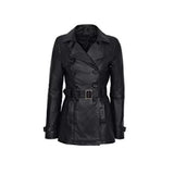 Women Black Coat Classic Mid-Length Leather