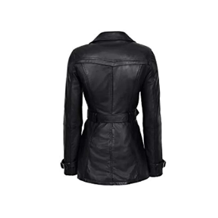 Women Black Coat Classic Mid-Length Leather