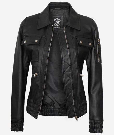 Women Black Bomber Leather Jacket