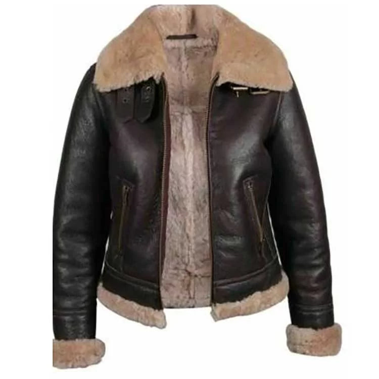 Women Brown Shearling Fur Collar Leather Jacket