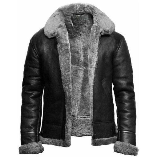 Men Black Shearling Fur Collar Leather Jacket