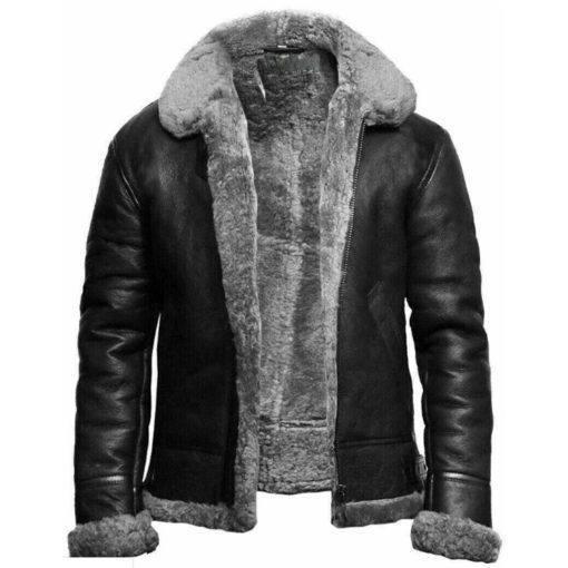 Men Black Shearling Fur Collar Leather Jacket