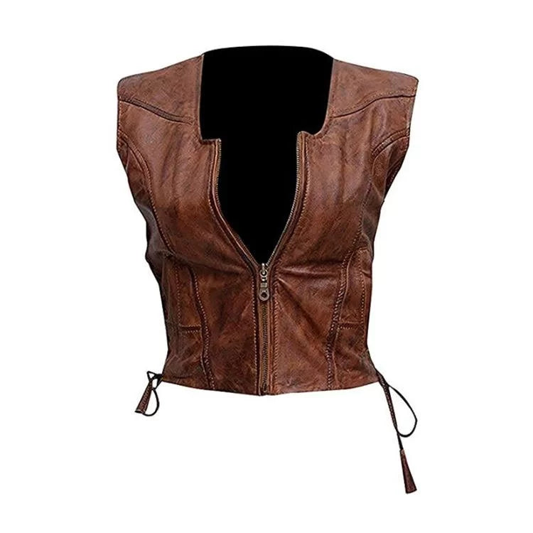 Women Brown Leather Vest Open Collar
