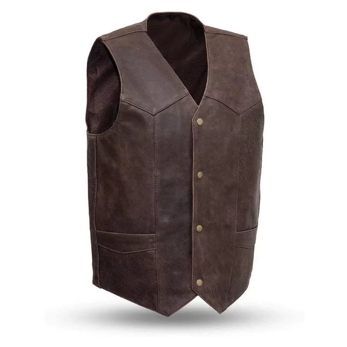 Men Brown Leather Vest Two Pockets