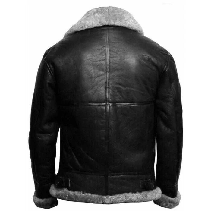 Men Black Shearling Fur Collar Leather Jacket
