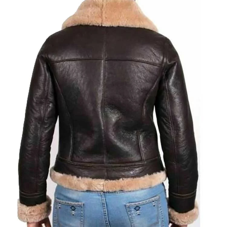 Women Aviator B3 Brown Shearling Fur Collar Leather Jacket