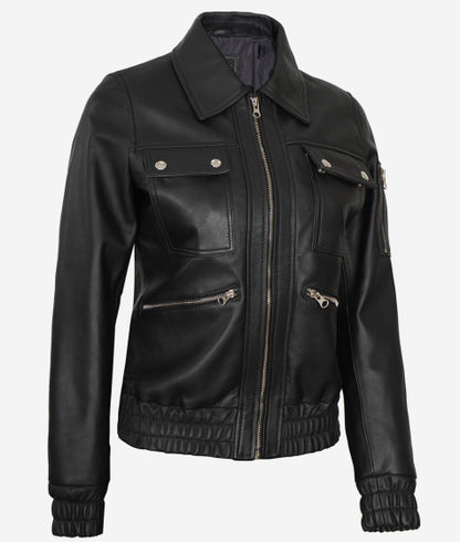 Women Black Bomber Leather Jacket