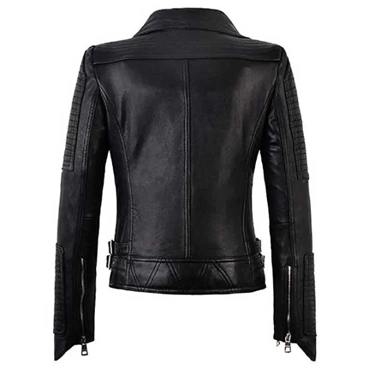 Women Black Biker Zipper Leather Jacket