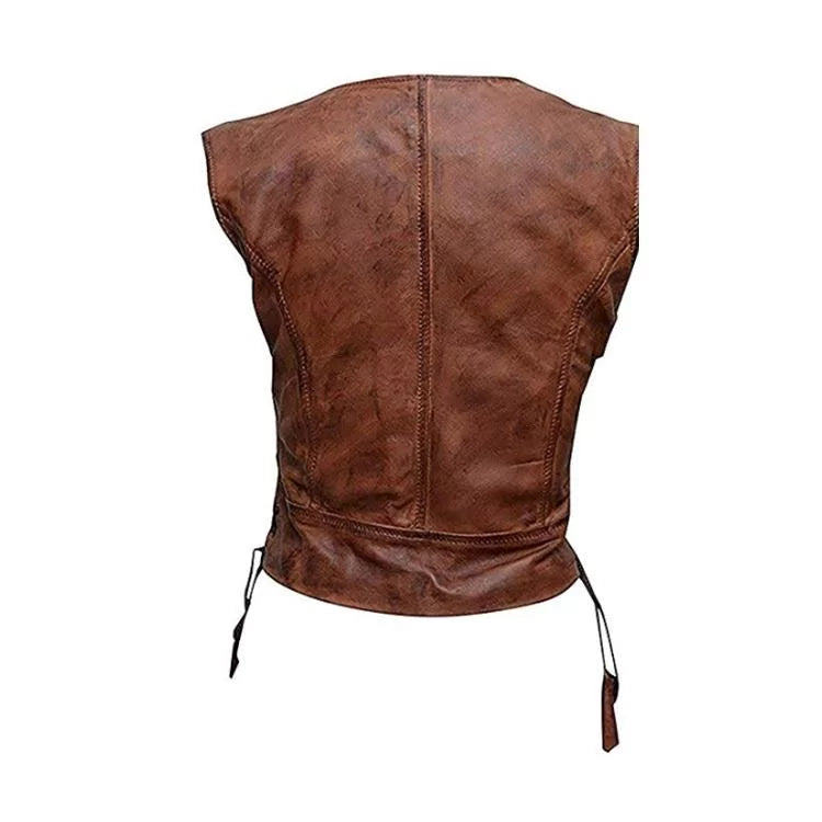 Women Brown Leather Vest Open Collar