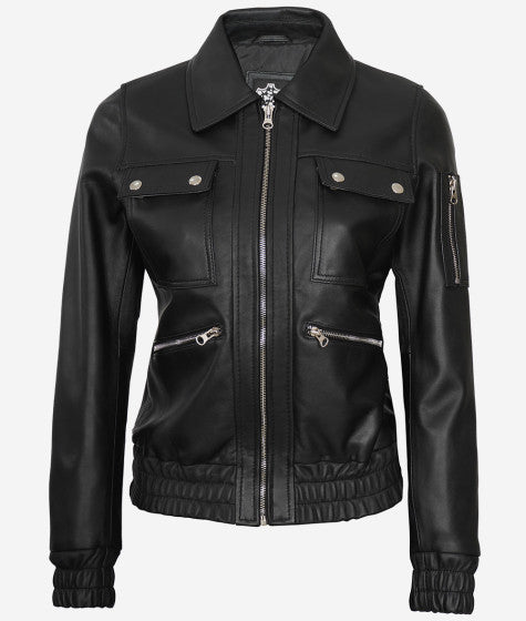 Women Black Bomber Leather Jacket