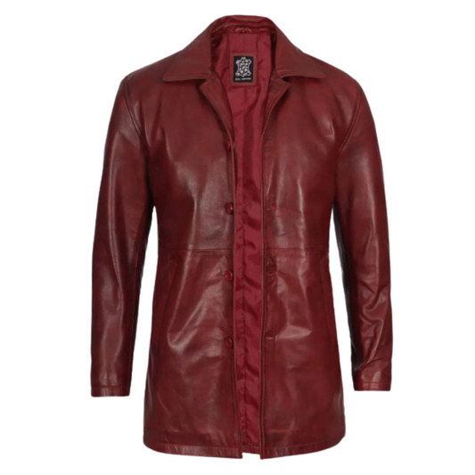 Men Maroon Distressed Leather Coat