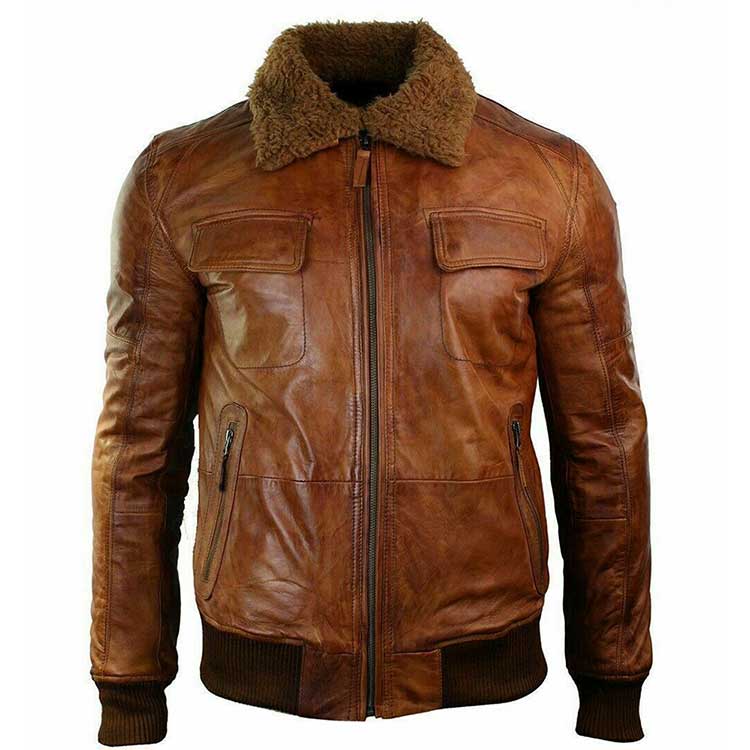 Men Brown Bomber Fur Collar Leather Jacket